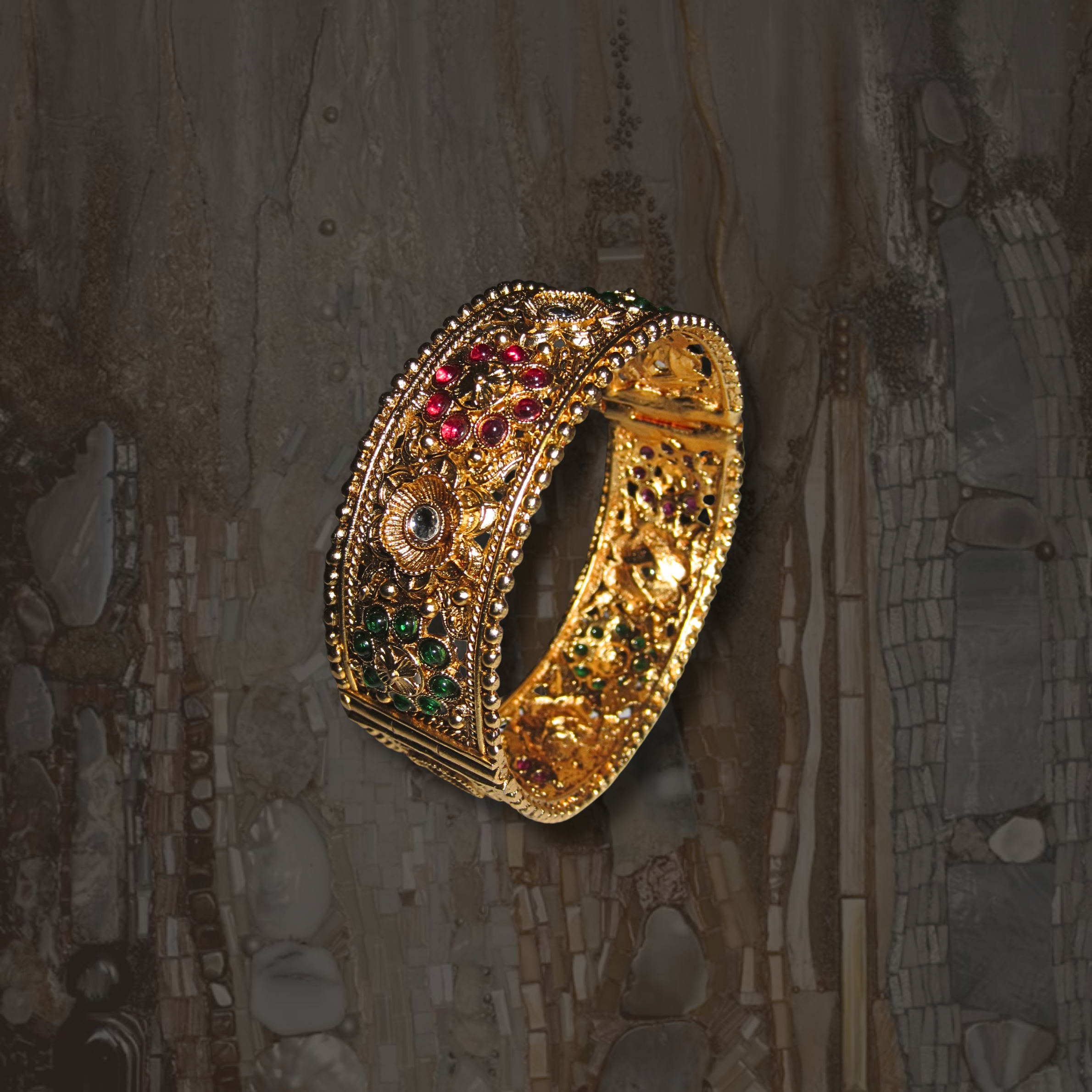 Gold Red Green and Silver Floral Bangle