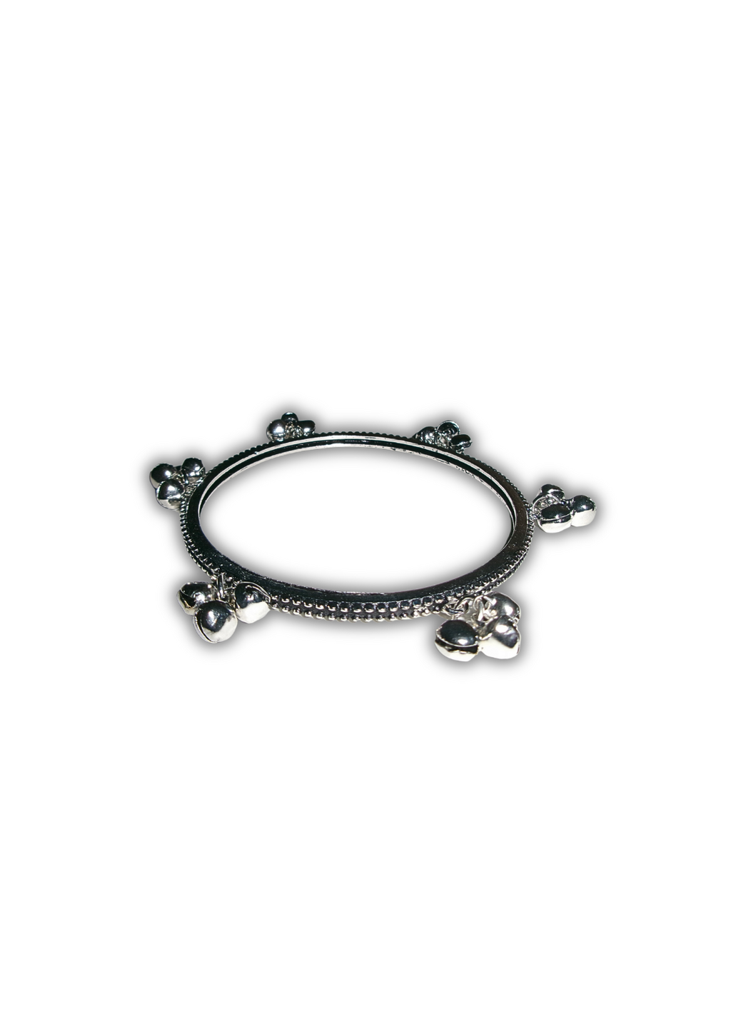 A silver-toned circular bangle bracelet with small dangling charms, shown on a plain white background.