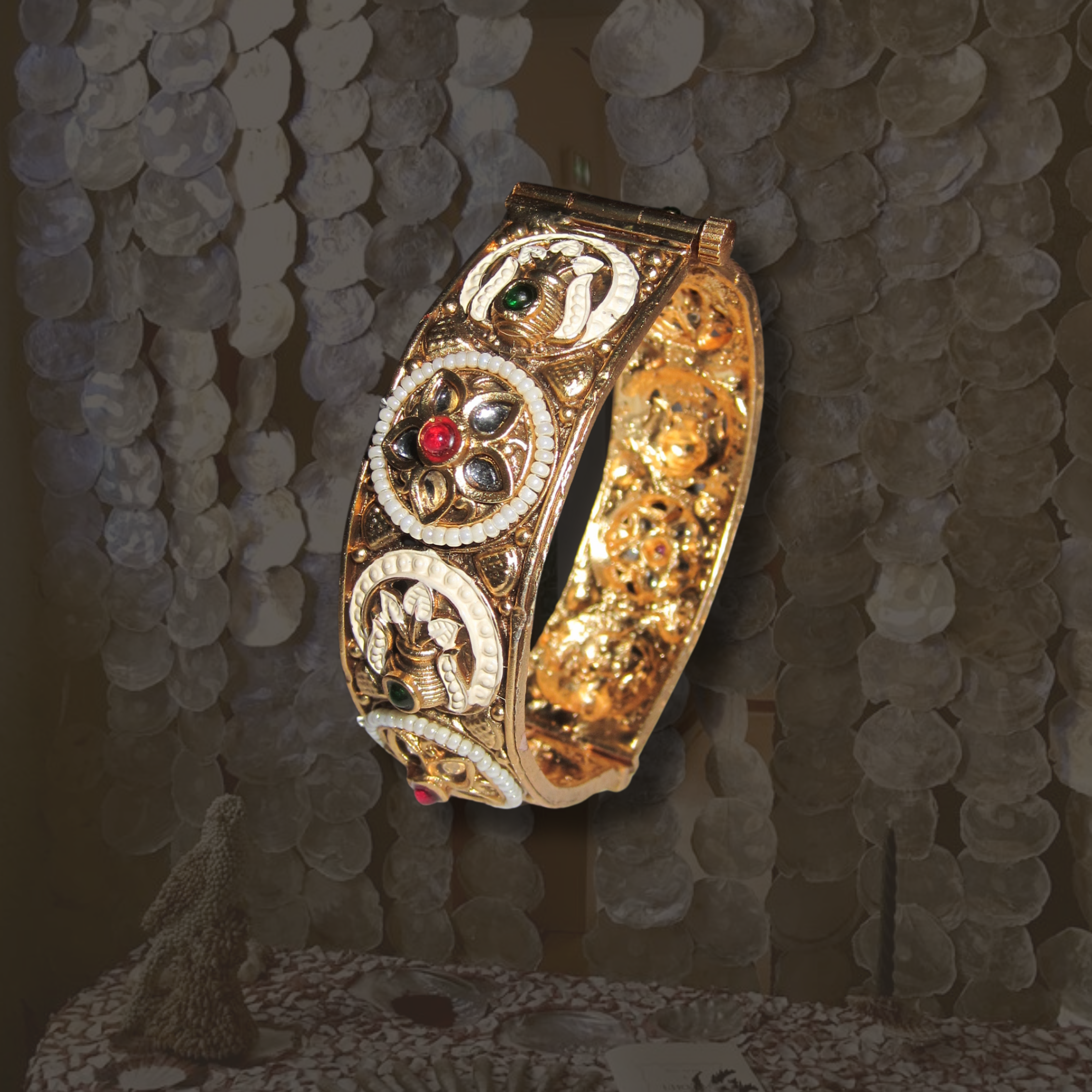 Gold White Bead Circle Bangle