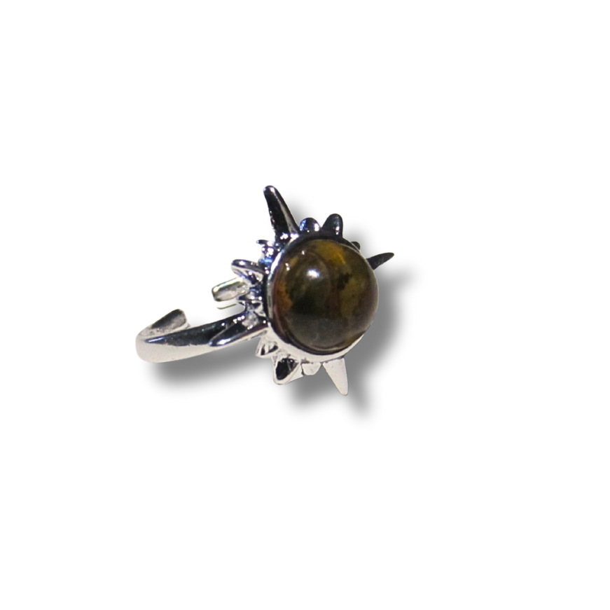 Silver ring with a large brown gemstone on a white background