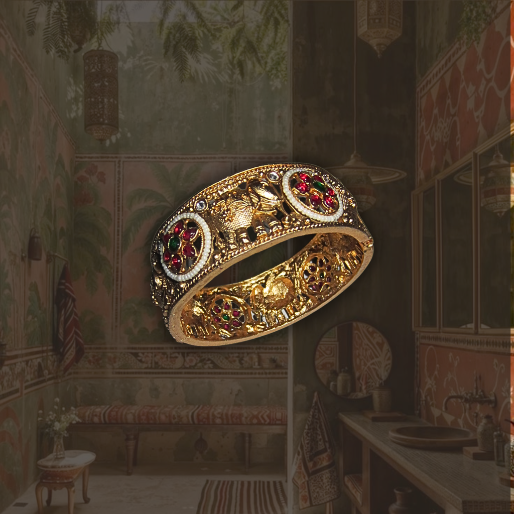 Gold Red Green and White Bead Bangle