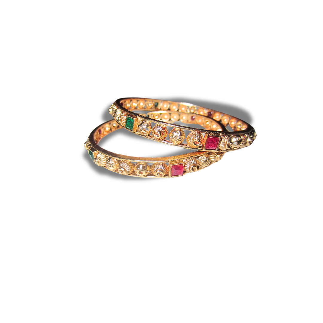 Gold Thin Red and Green Bangles