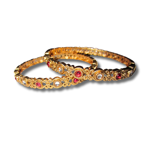 Gold Thin Red and Silver Bangles