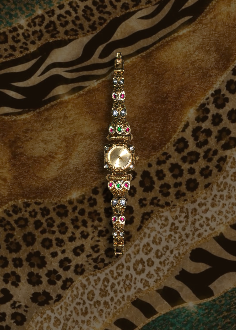 A gold-toned bracelet watch with a round bezel and multiple colorful rhinestone clusters, displayed vertically on a patterned fabric background of leopard print, zebra stripes, and brown tones.