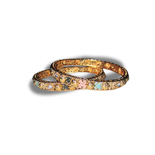 Gold Thin Pink and Blue Bangles