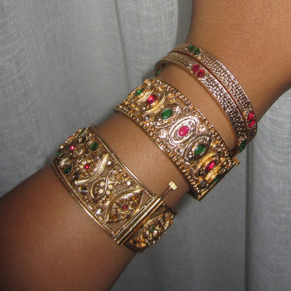 Gold Thick Red and Green Flower Bangle