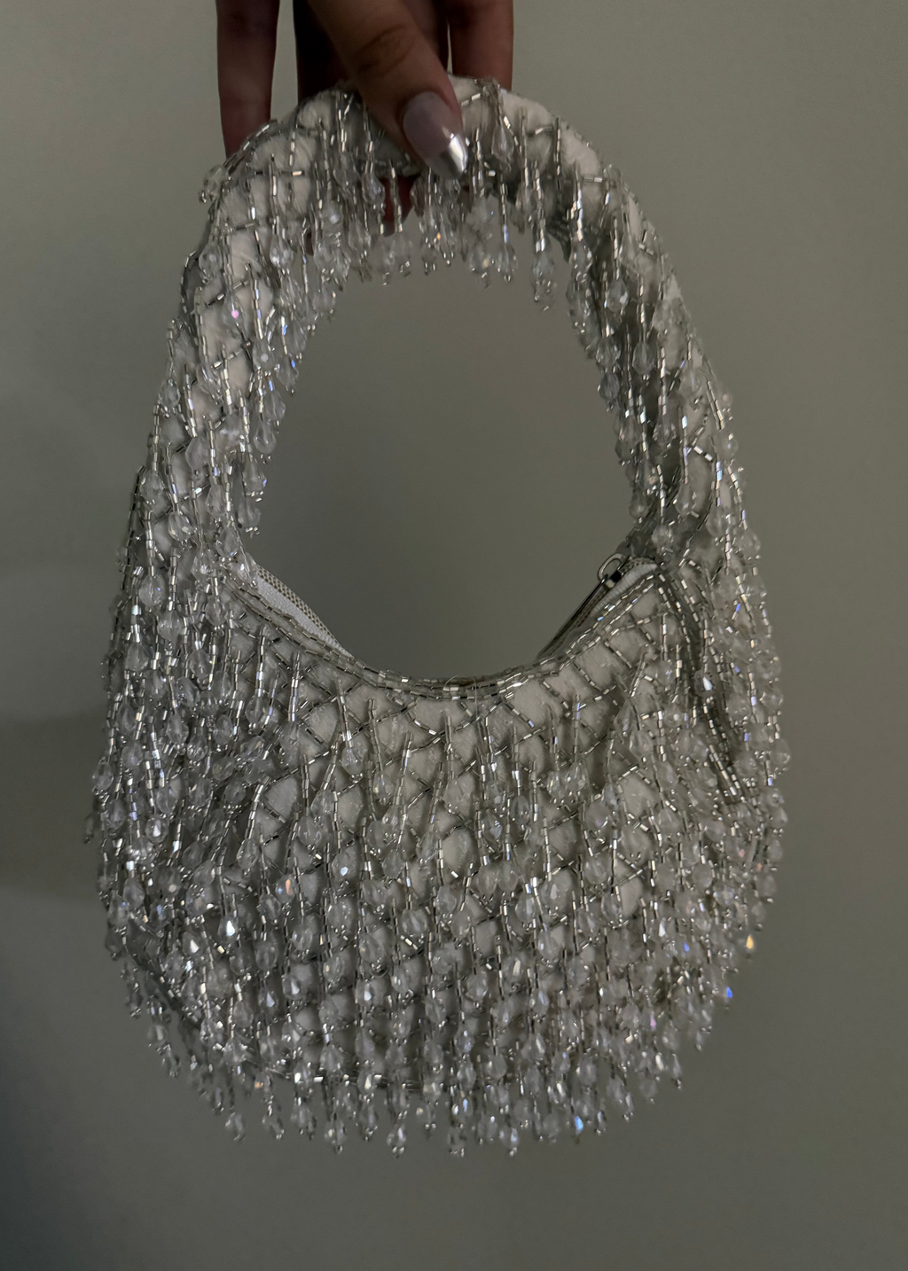 White Silver Beaded Handbag