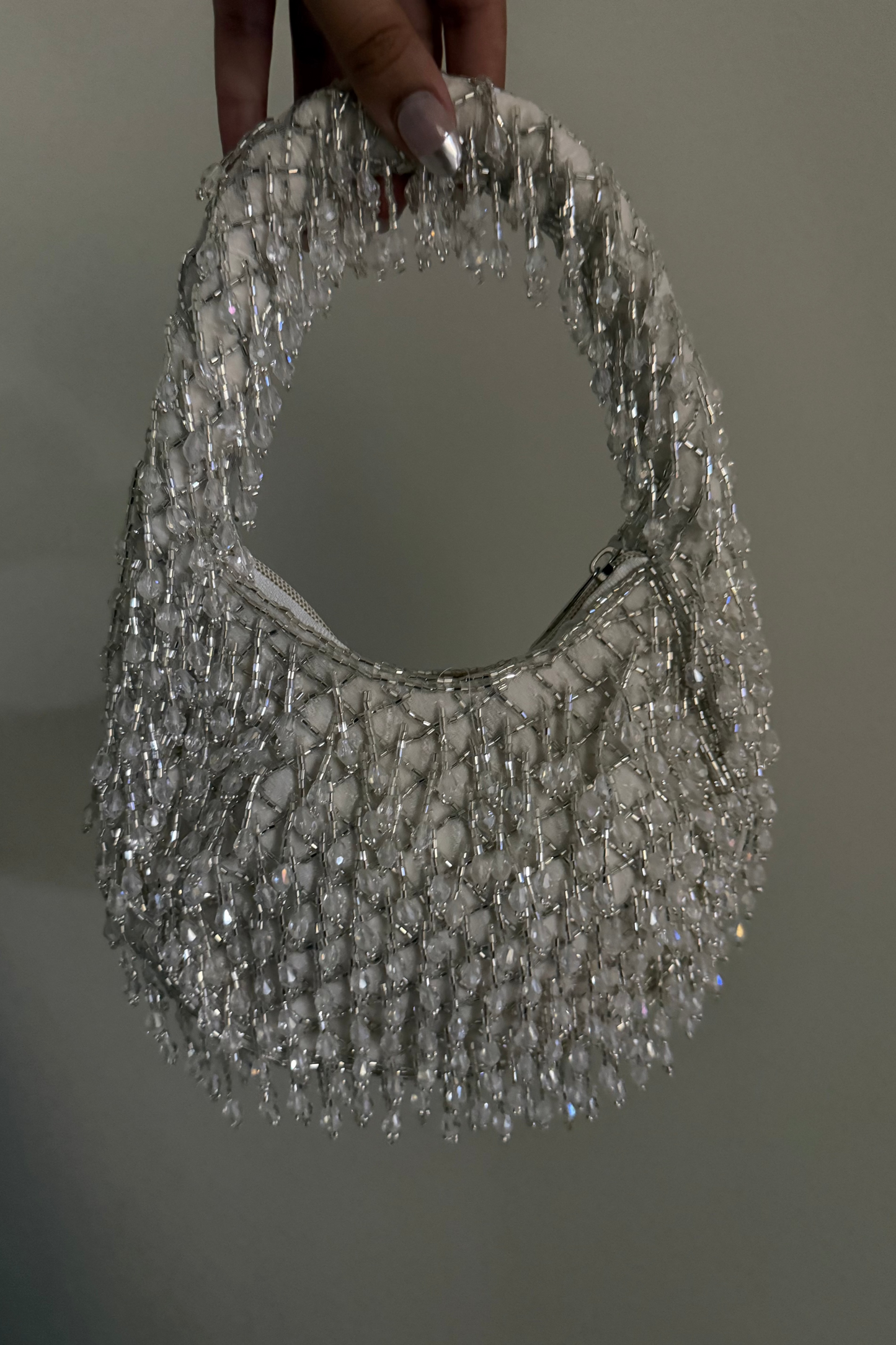 White Silver Beaded Handbag