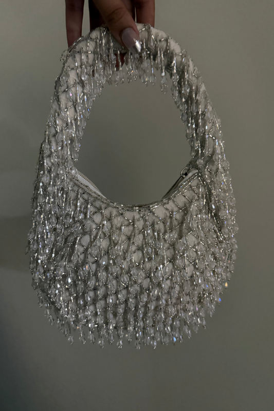 White Silver Beaded Handbag
