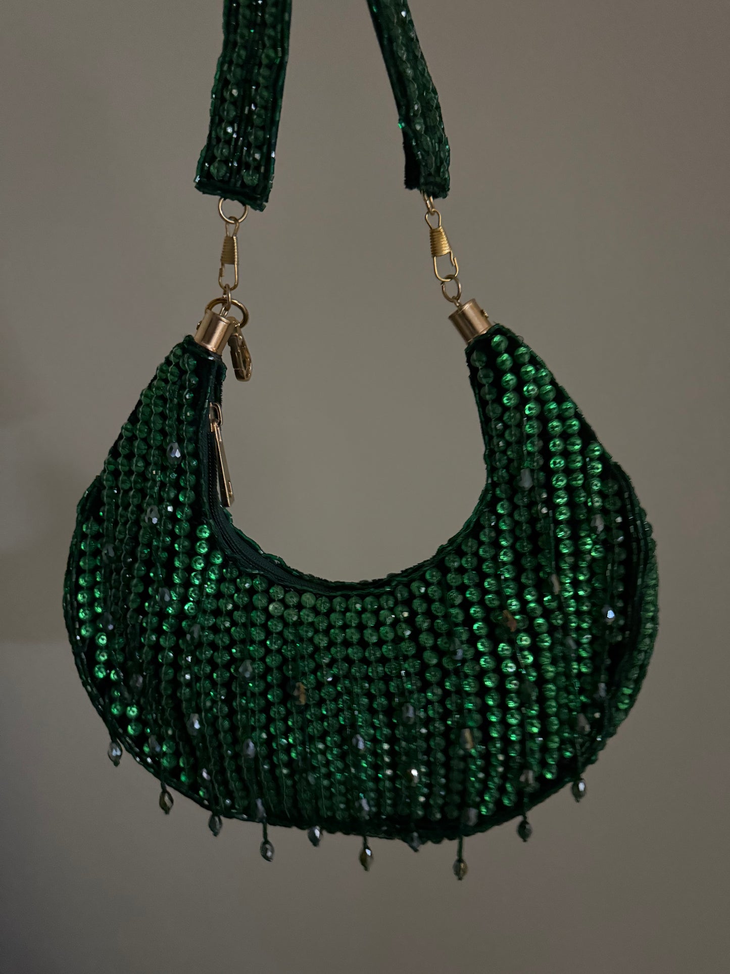 Crescent Moon Green Beaded Handbag