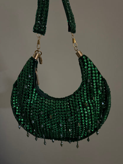 Crescent Moon Green Beaded Handbag