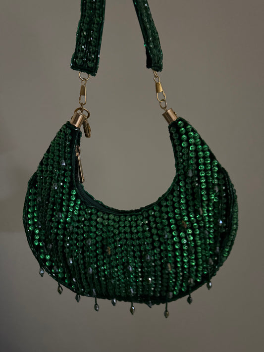 Crescent Moon Green Beaded Handbag