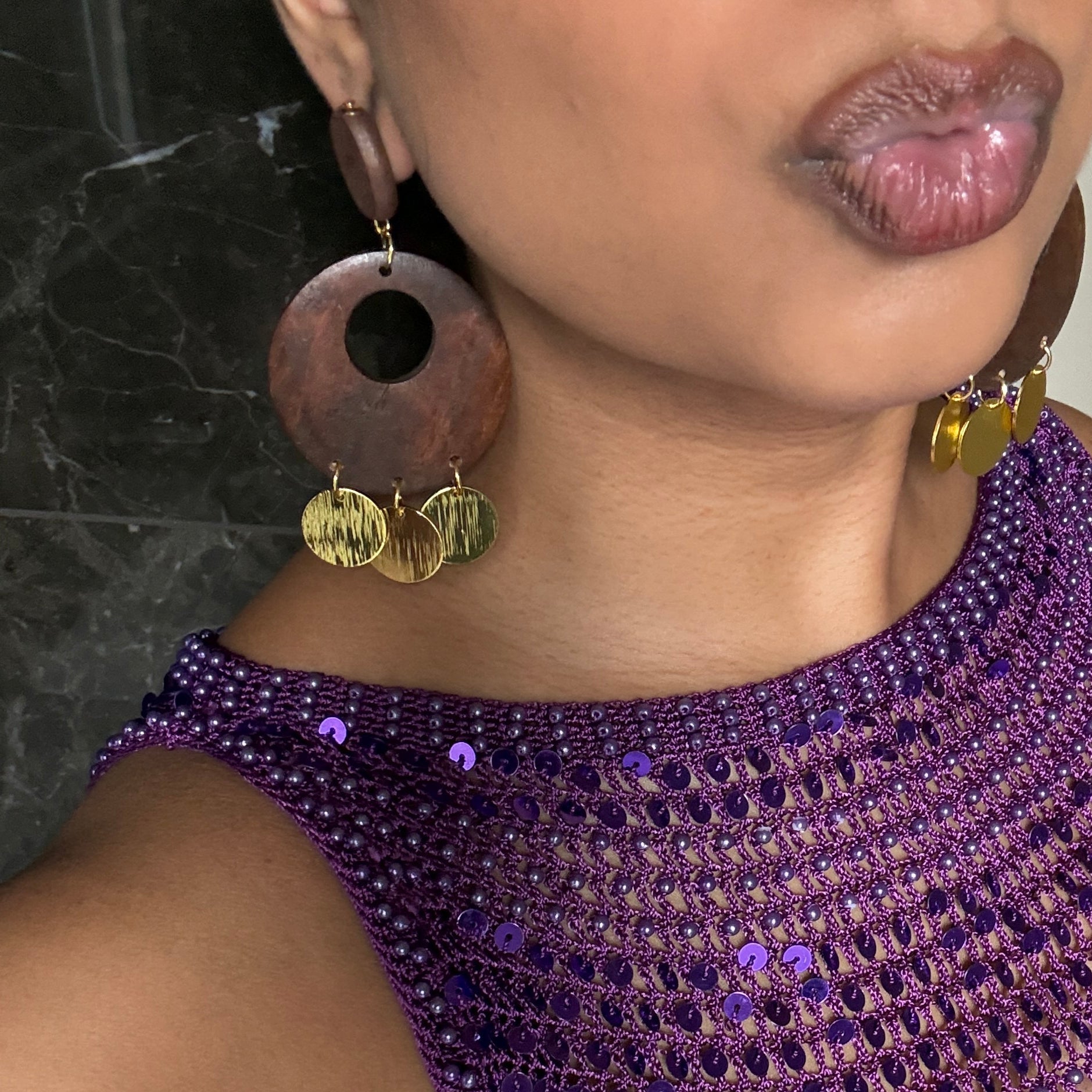 Wooden Gold Drop Earrings