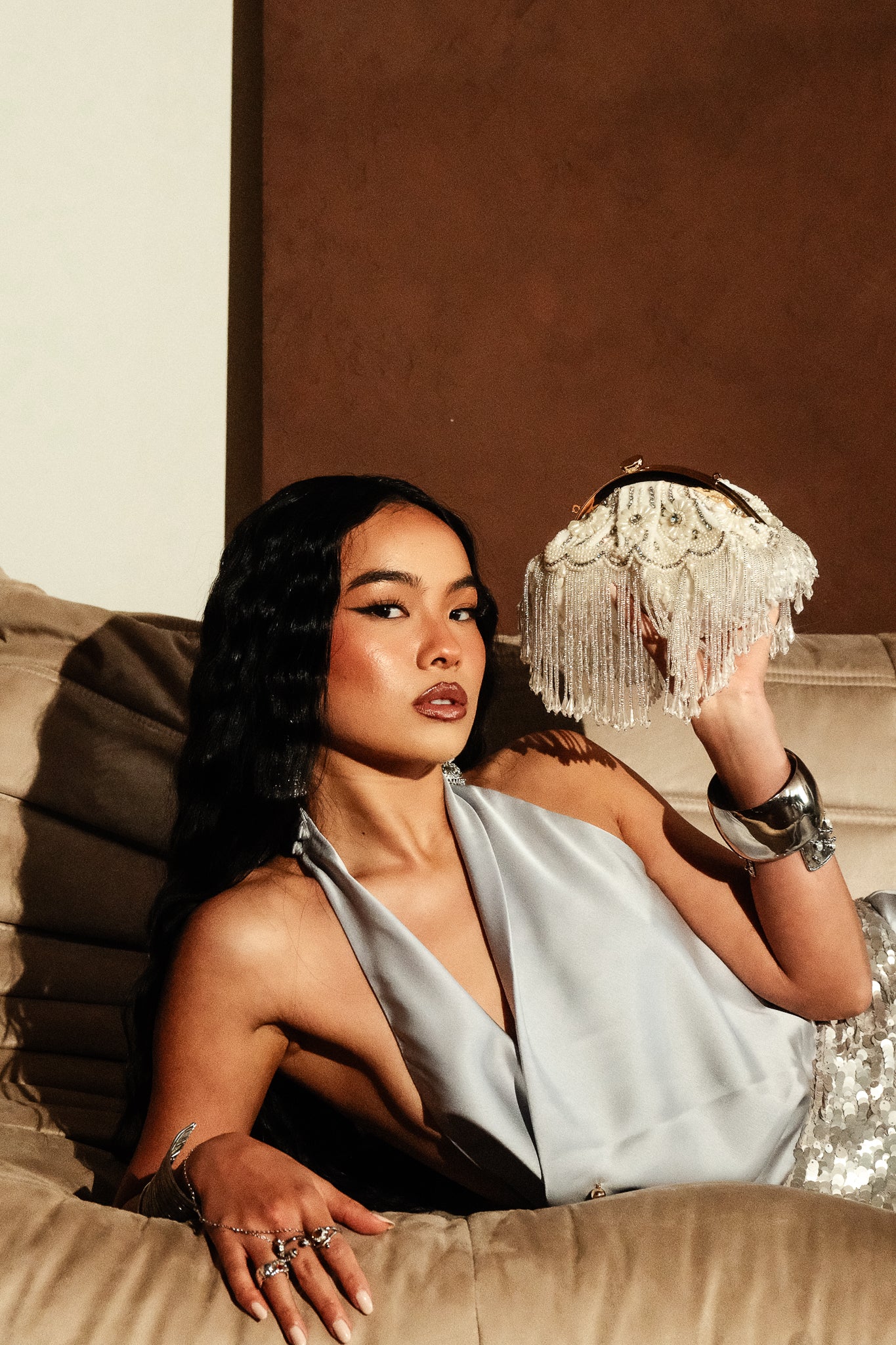 White Silver Bead Clutch