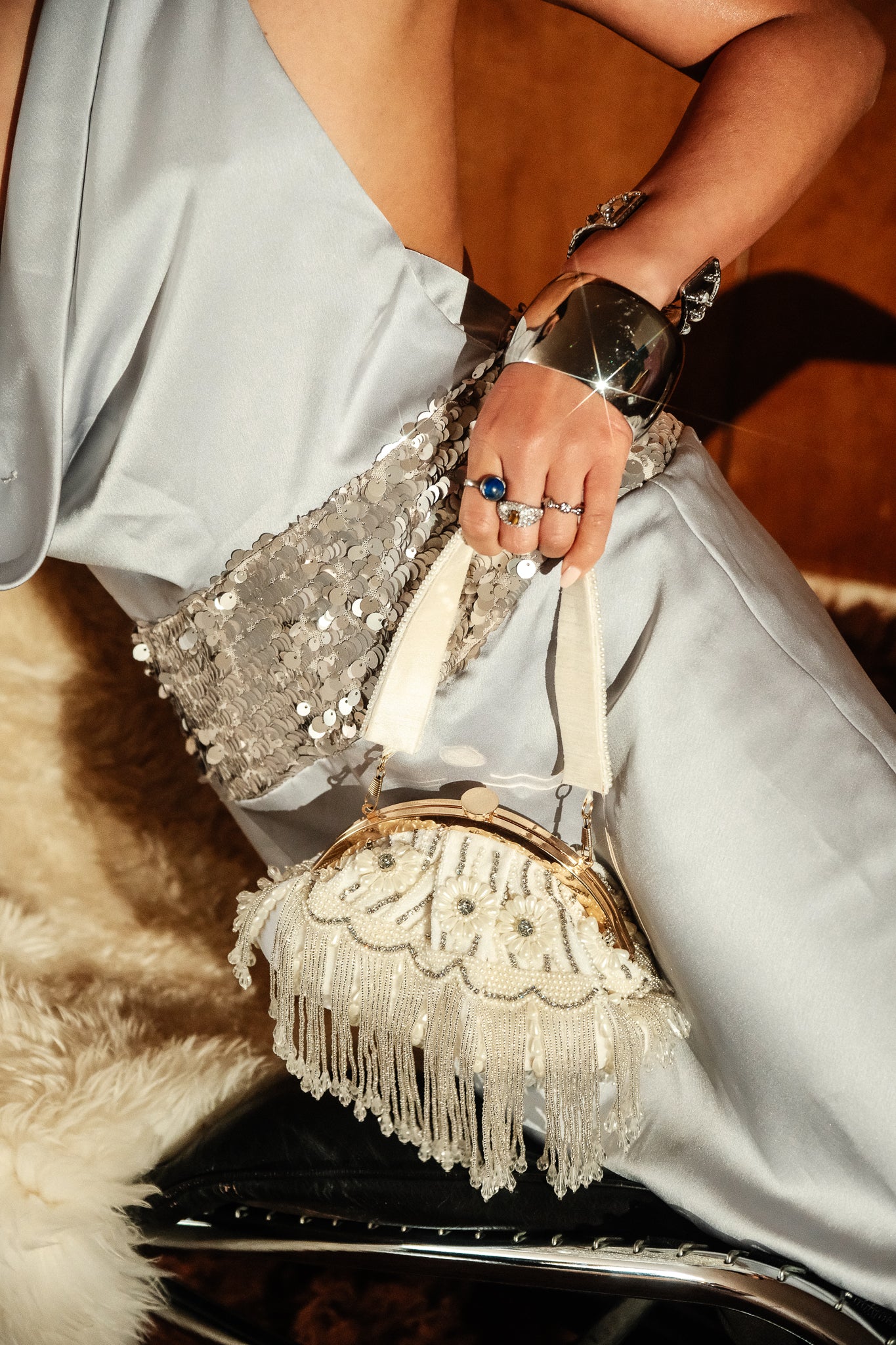 White Silver Bead Clutch