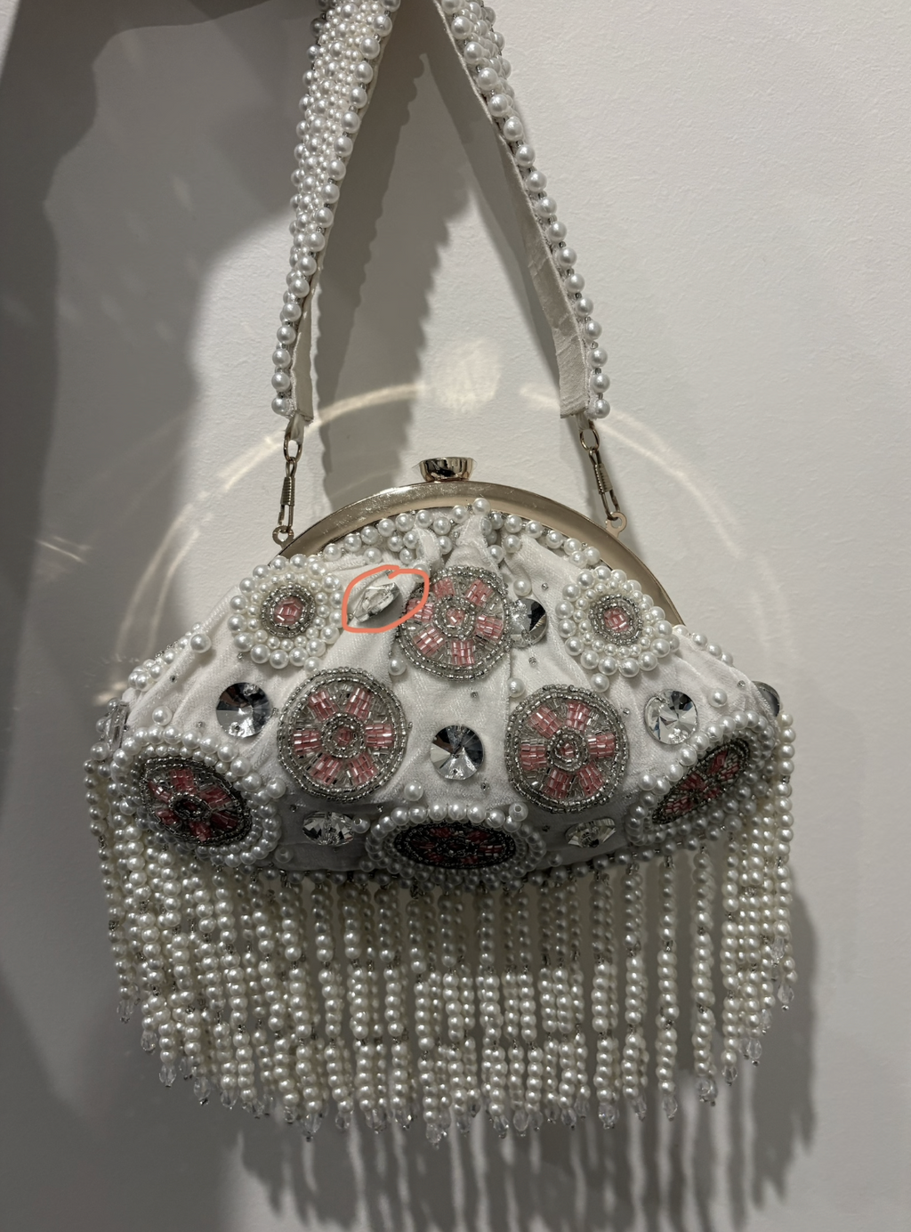 White Pink Circle Beaded Handbag (Sample)