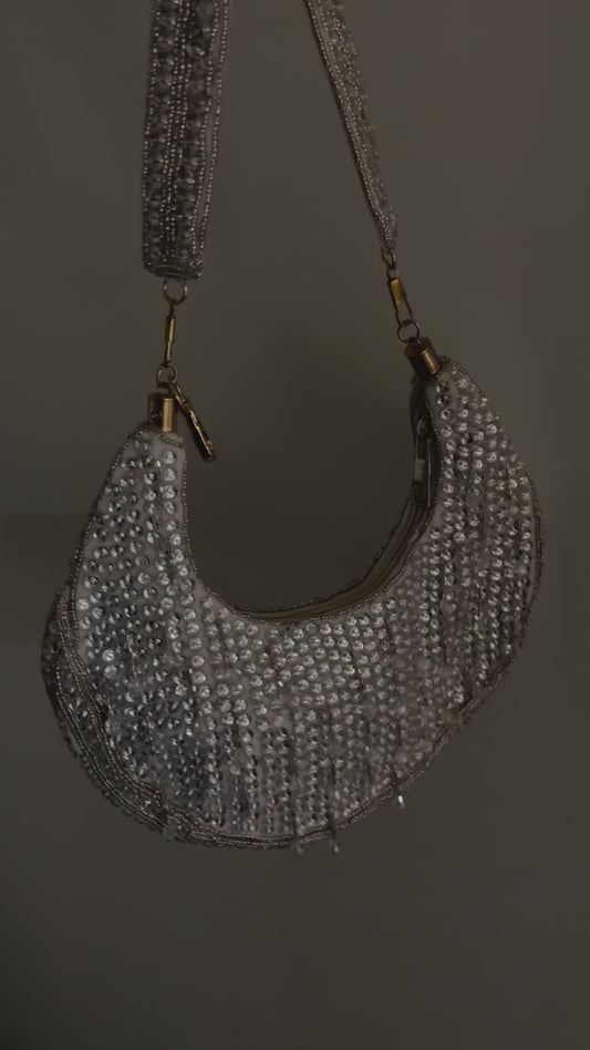 Crescent Moon Silver Beaded Handbag
