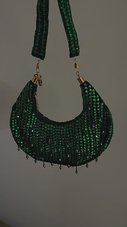 Crescent Moon Green Beaded Handbag