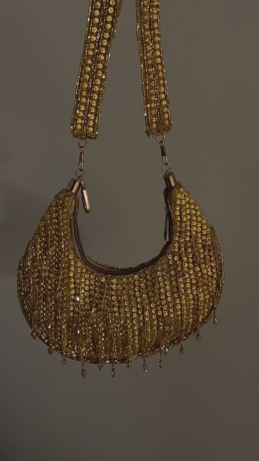 Crescent Moon Gold Beaded Handbag